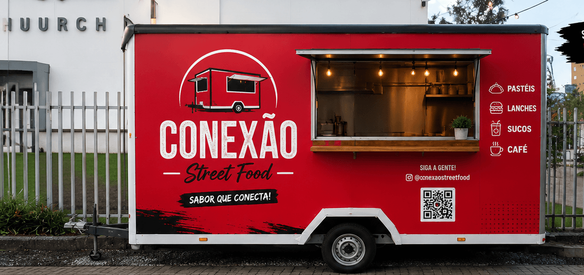 Trailer vermelho da Conexão Street Food durante o dia, com balcão de atendimento aberto